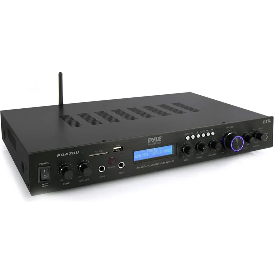 Pyle Bluetooth Home Theater Amplifier - 200 Watts into 5 Channels with Subwoofer Out, Easy Karaoke - Dual Mic, Wireless Streaming, USB/SD with MP3 player, RCA Input, FM Radio, LCD Display - PDA7BU