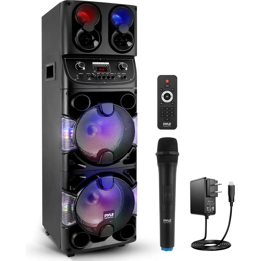 Pyle Portable Bluetooth PA Speaker - 600W Dual 10” Rechargeable Indoor/Outdoor BT Karaoke Audio System -LED Display, FM/AUX/MP3/USB/SD, 1/4" in, Handle, Wheels -Wireless Mic, Remote Control