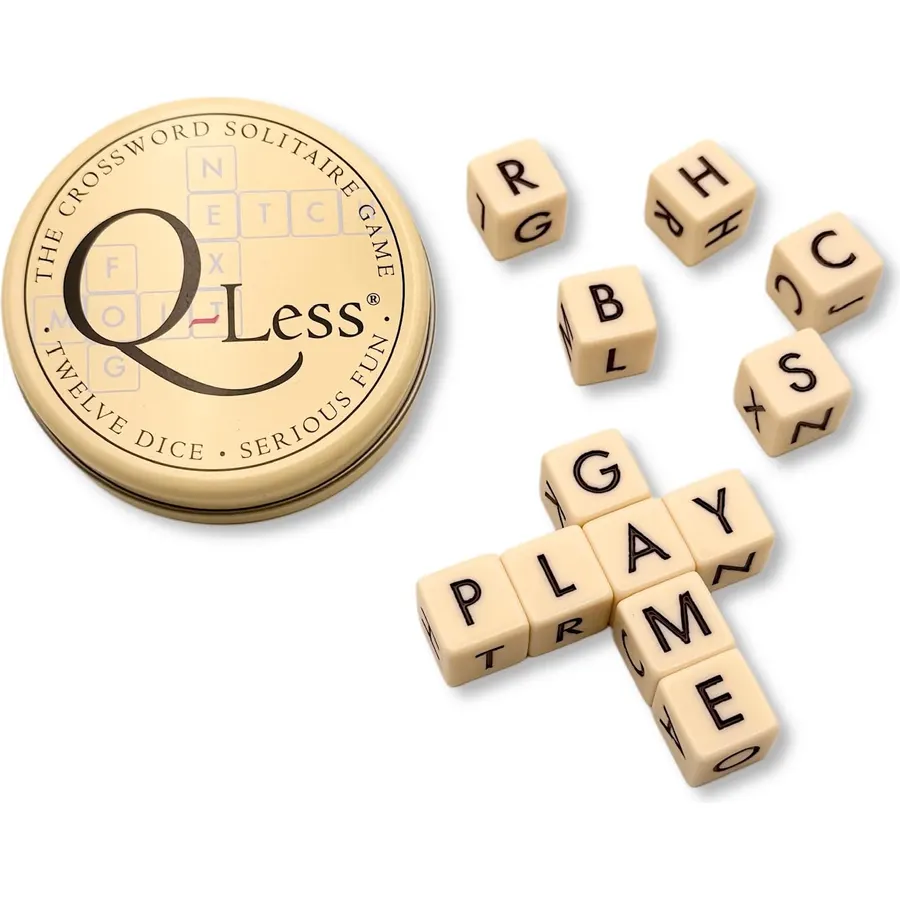Q-Less – The Original Crossword Solitaire Game, 12 Letter Dice Travel Tin