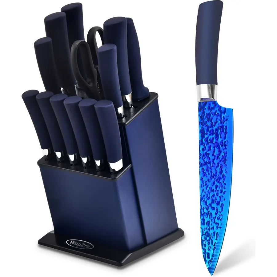 Rainbow Kitchen Knife Set Non Stick Knives Set with Block Thick Blade Cutlery Knife Block Sets Chef Sharp Quality for Home & Pro Use Best Gift (Blue Handle- Rugged Blue Blade)