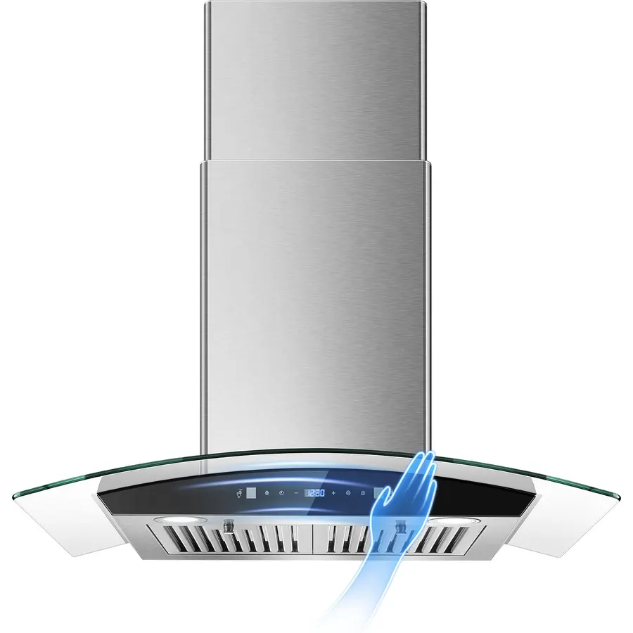 VIKIO HOME Black 30 Inch Wall Mount Glass Range Hood 900 CFM, Smart Gesture Touch Control, Ducted Kitchen Vent Hood,Dishwasher Safe Baffle Filters, 3-Speed, 2 LED Lights