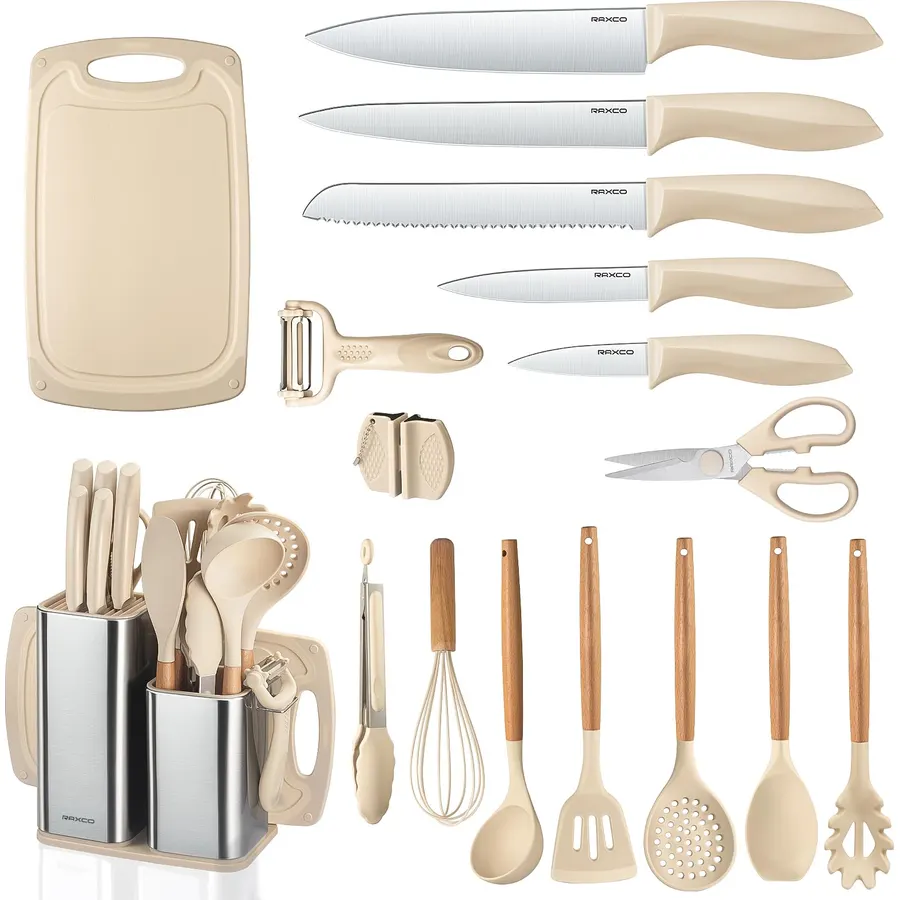 RAXCO Cooking Utensils Set,18-Piece Kitchen Utensils and Knife Set,Khiki