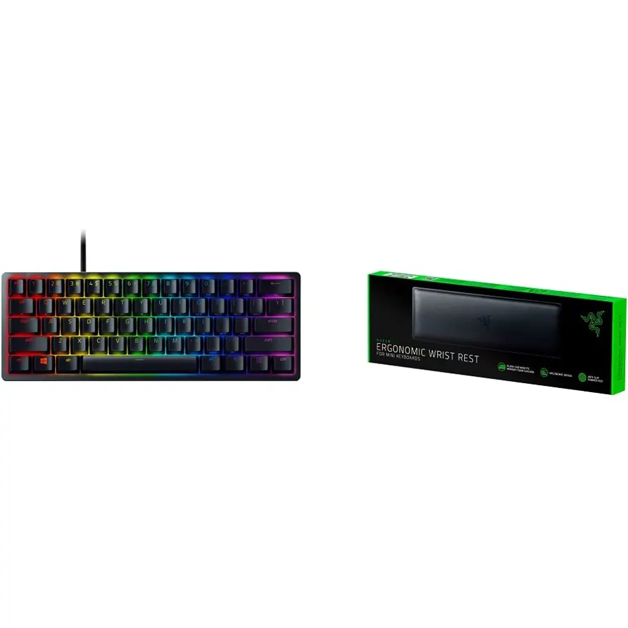 Razer Huntsman Mini 60% Gaming Keyboard + Ergonomic Wrist Rest for Mini Keyboards Bundle: Linear Optical Switches - Classic Black