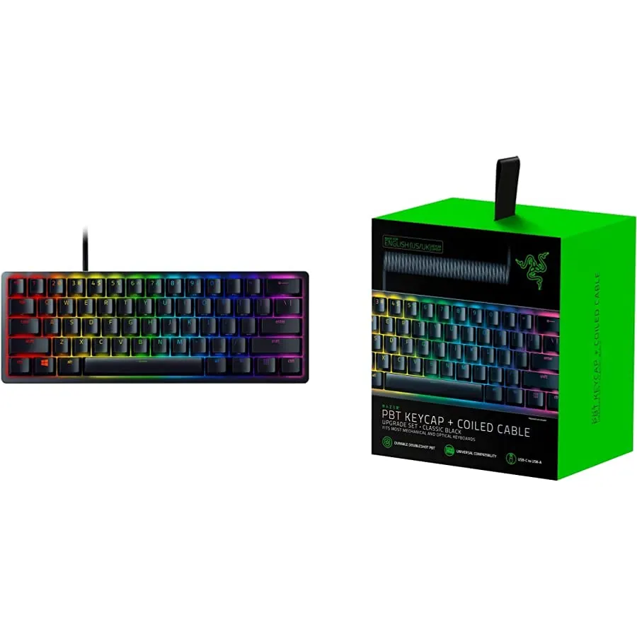 Razer Huntsman Mini 60% Gaming Keyboard + PBT Keycap + Coiled Cable Upgrade Set Bundle: Classic Black/Linear Optical - Quartz Pink