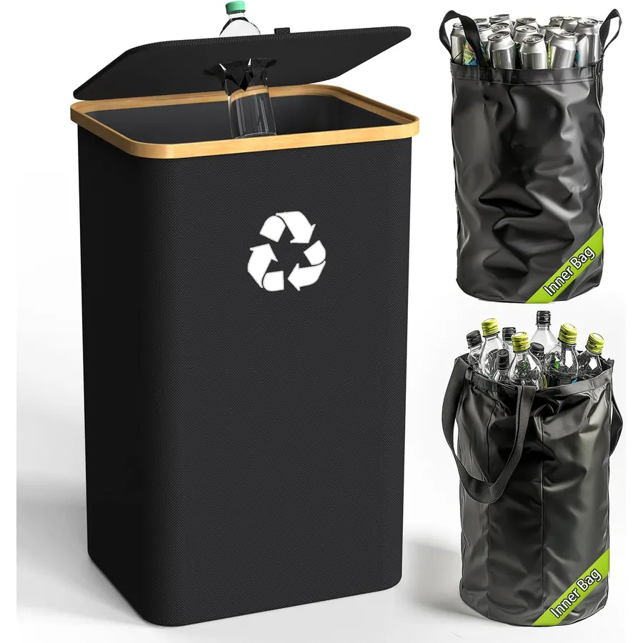 Recycling Bin for Kitchen Indoor Home, Large 26 Gallon 100L Recycle Bin with Lid Removeable Reusable Inner Bag Bottle Can Glass Waste Plastice Stickers,Black