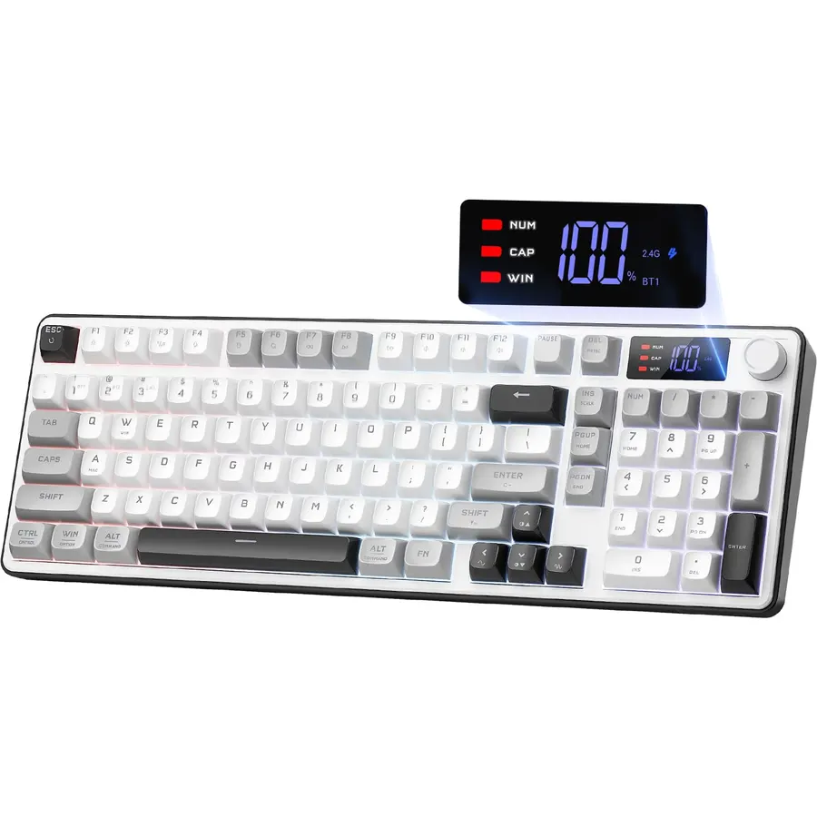 Redragon Wireless Gaming Keyboard, 98-Key Tri-Mode (BT/2.4G/Wired) RGB Computer Keyboard with Knob & Display, Fade-Resistant PBT Keycaps & 4000mAh Battery, Compatible with Windows/Mac - White Gray