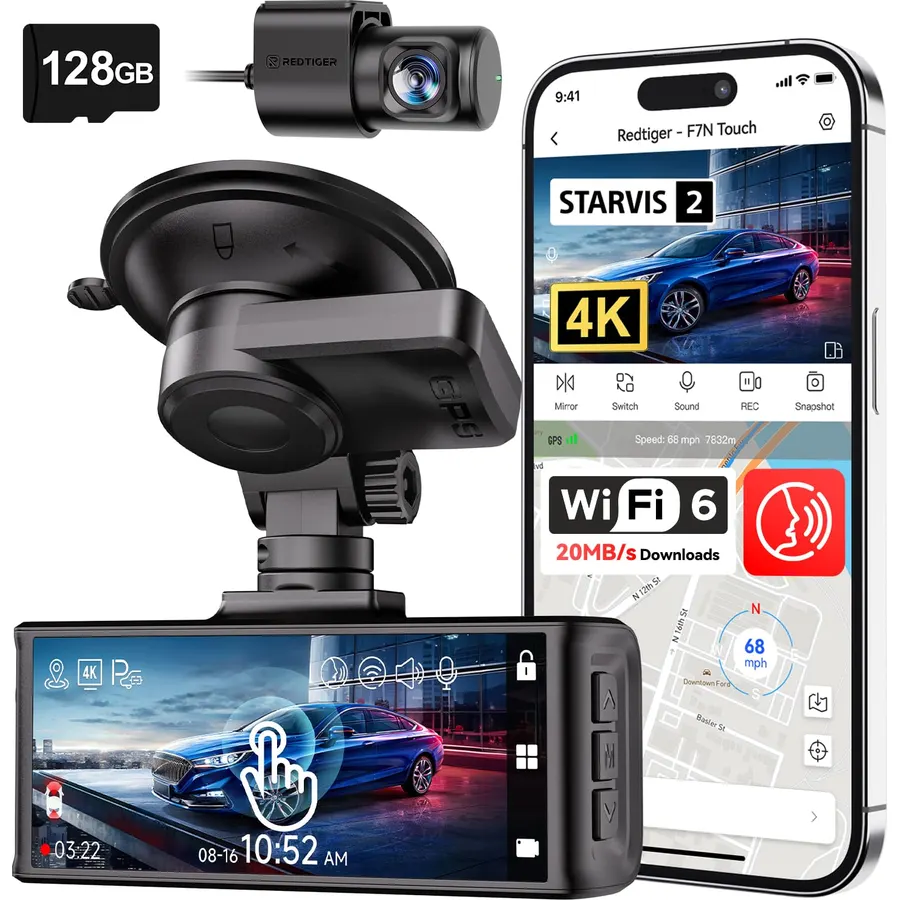 REDTIGER 4K STARVIS 2 Dashcam Front Rear, 5GHz WiFi 20MB/s, Free 128GB Card