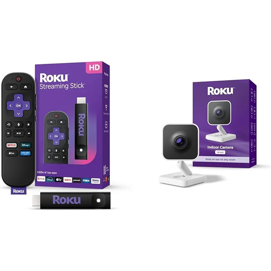 Roku Streaming Stick 4K Streaming Device with Voice Remote & Indoor Camera Bundle