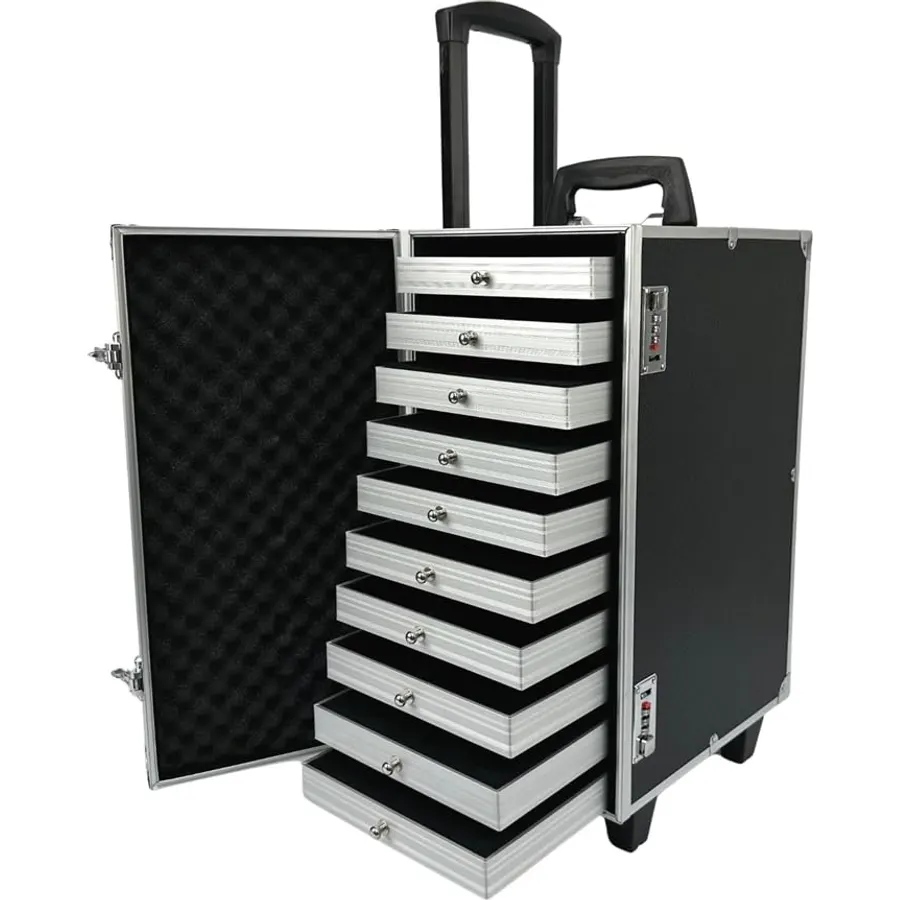 Rolling Jewelry Trolley Case with Drawers Sturdy Case for Travel and Vendor Showes Jewels Sets Display Organizer (Black)