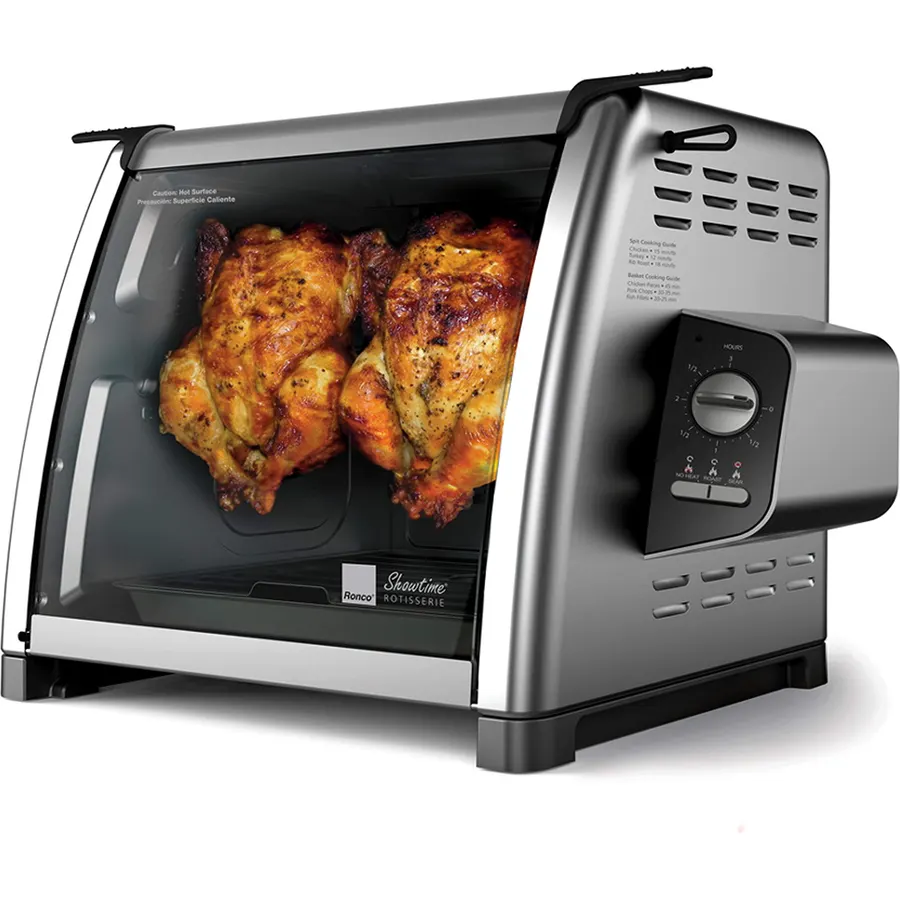 Ronco Showtime Large Capacity Rotisserie & BBQ Oven, Simple Switch Controls, Silicone Door Tie, Perfect Preset Rotation Speed, Self-Basting, Auto Shutoff, Includes Multipurpose Basket, black