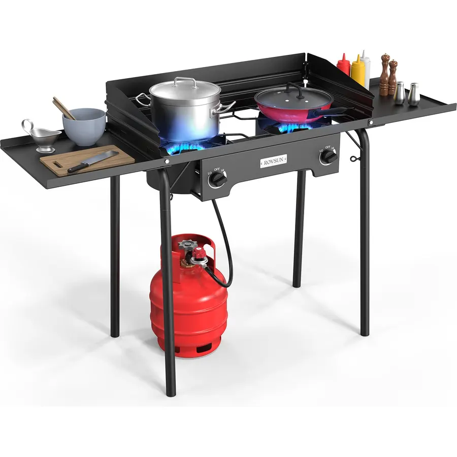 ROVSUN 2 Burner Outdoor Propane Gas Stove with Regulator, Windpanel, Bag & Side Shelves, 150,000 BTU Powerful Stand Cooker for Backyard Cooking Camping Home Brewing Canning Turkey Frying
