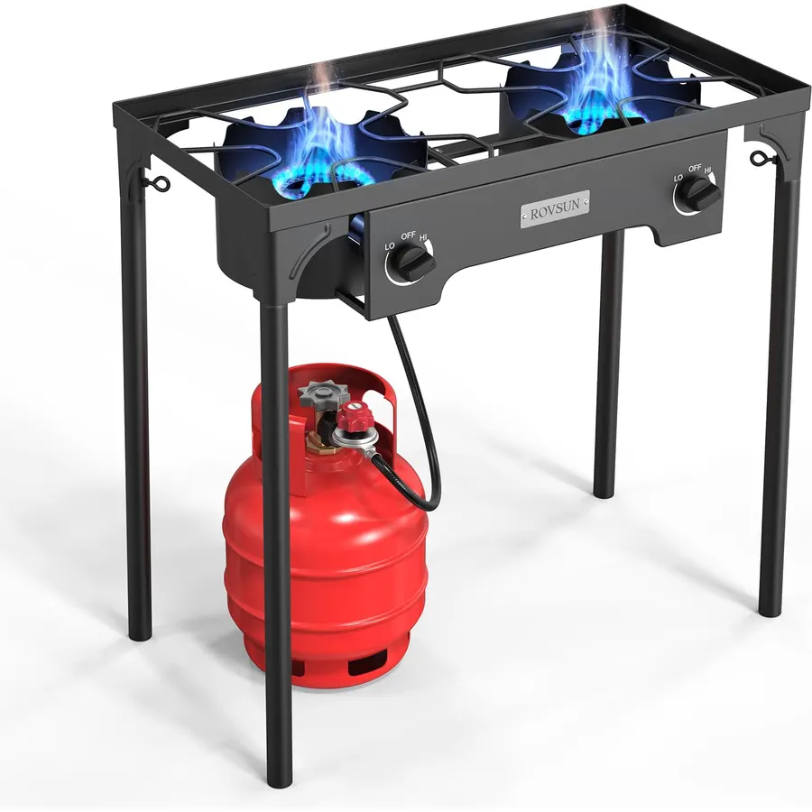 ROVSUN 2 Burner Outdoor Propane Gas Stove with Auto-ignition, Regulator & Shelf, 150,000 BTU Powerful Stand Cooker for Backyard Patio Cooking Home Brewing Canning Turkey Frying