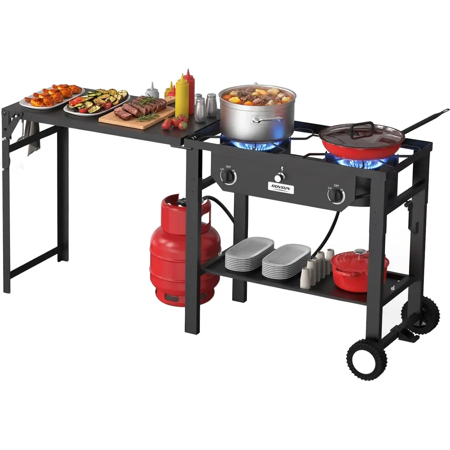 ROVSUN 2 Burner Outdoor Propane Gas Stove with Foldable Work Station, Auto-ignition & Regulator, 150,000 BTU Powerful Camping Burner with Portable Wheels for Backyard Patio Cooking Brewing Frying