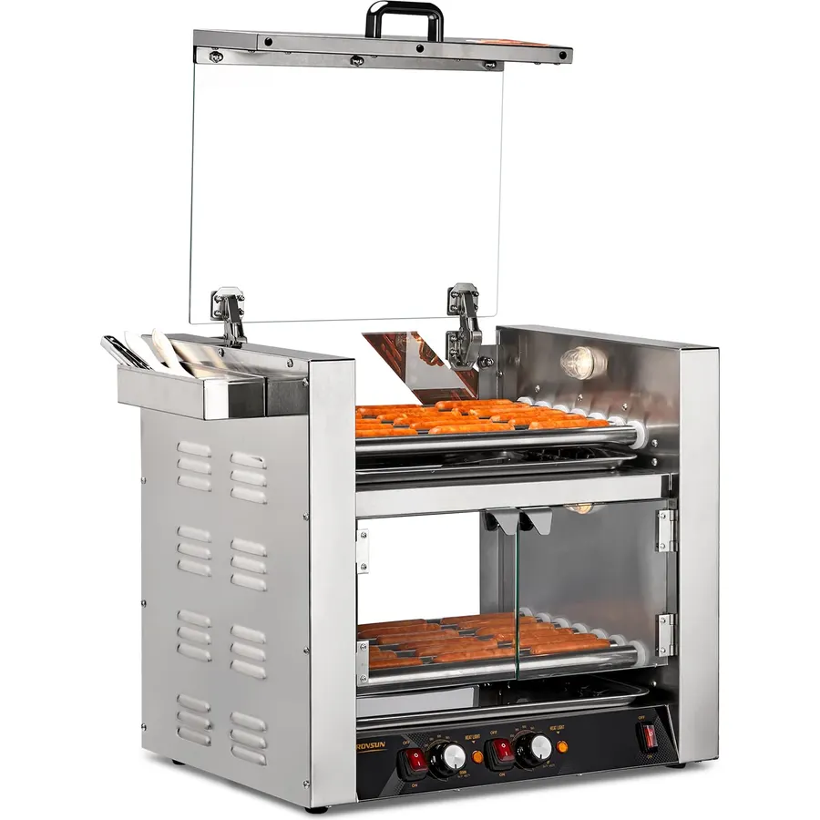 ROVSUN 2 Tier Hot Dog Roller, 36 Hot Dog 7 Rollers ETL Certified, Hot Dog Machine Sausage Grill with Dual Temp Control, Glass Cover, Light, Side Storage Box & Drip Tray for Home Commercial 2100W