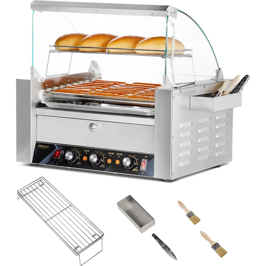 ROVSUN Hot Dog Roller, 24 Hot Dog 9 Rollers ETL Certified, Hot Dog Machine with Bun Warmer, Dual Temp Control, Glass Cover, LED, Side Storage Box, Shelf & Drip Tray for Party Home Commercial 1500W