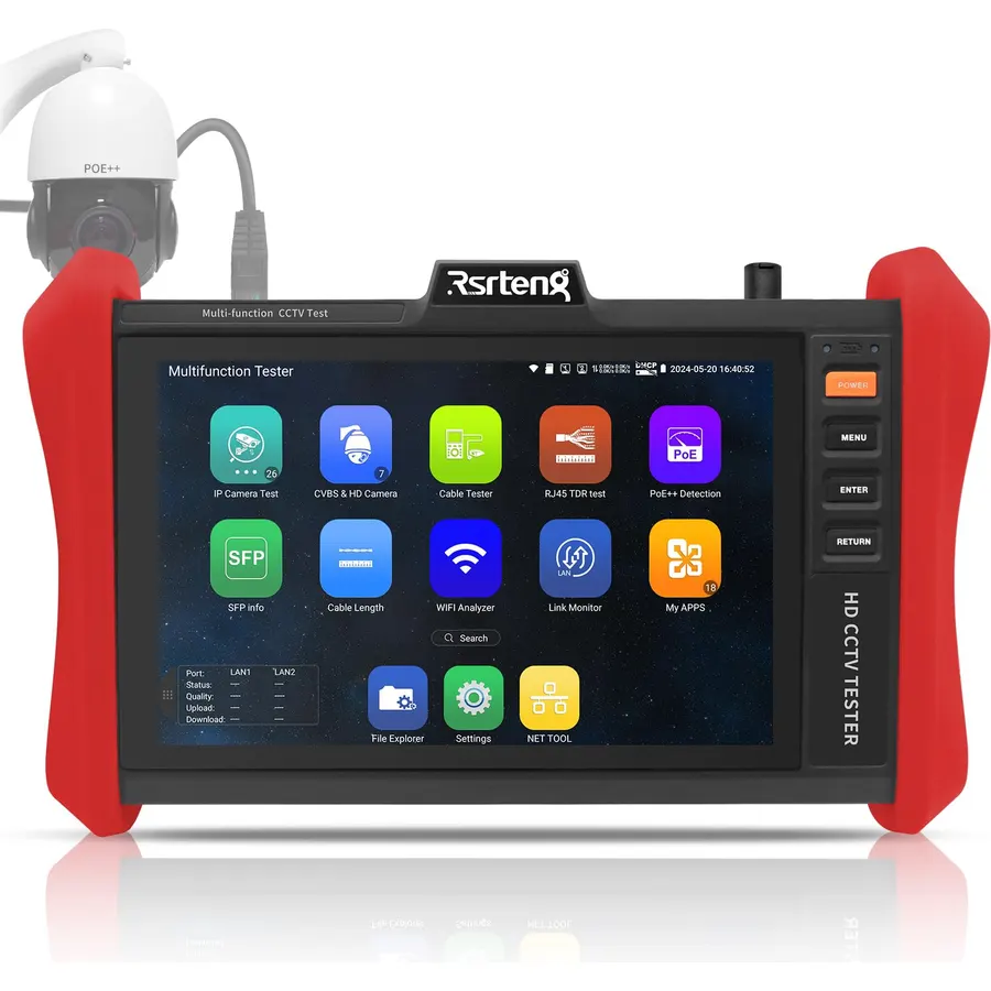 Rsrteng CCTV Tester 4K 12MP IP Camera Tester POE++ Max 90W POE Camera Test 8" 1920x1200 IPS Touch Screen 1CH SFP Module WiFi Network Tools Cable Test POE Detection Power Management APP Update
