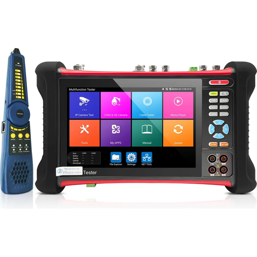 Rsrteng CCTV Tester Upgraded Version 4K IP Camera Tester CCTV Camera Tester with TVI CVI AHD SDI Coaxial Camera Test Networl Tools Cable Tester Support DMM OPM TDR POE HD DC24V Dual Network Port
