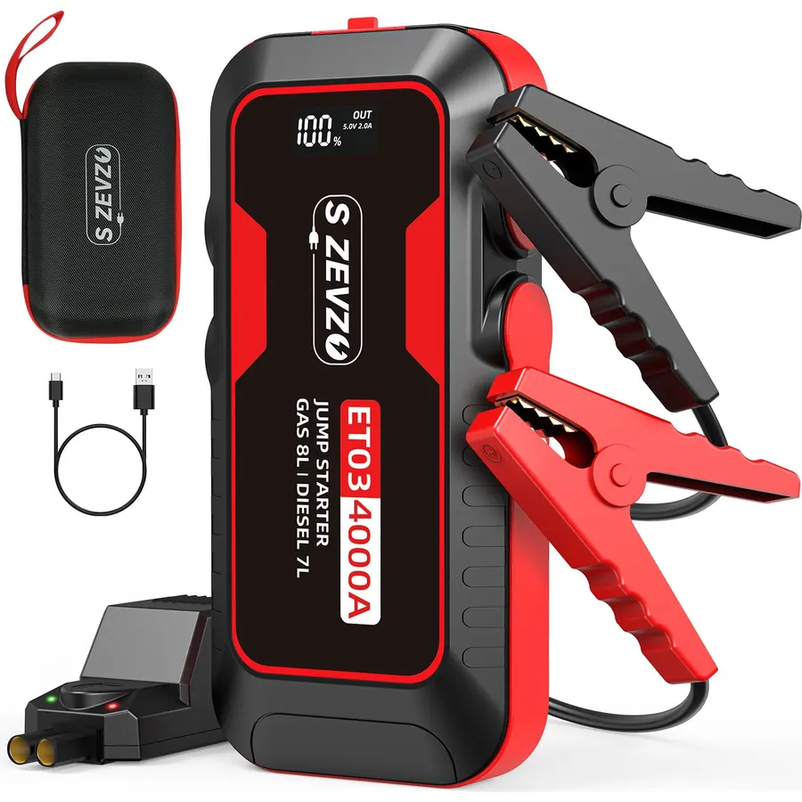 S ZEVZO ET03 Car Jump Starter 4000A Jump Starter Battery Pack for Up to 8.0L Gas and 7.0L Diesel Engines, 74Wh Portable 12V Jump Box with USB Ports, LCD Display, Storage Case, and LED Light