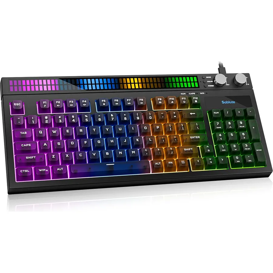 SABLUTE Quiet Gaming Keyboard, Wired 94-Key RGB Sound-Sync Light Bar, USB-A