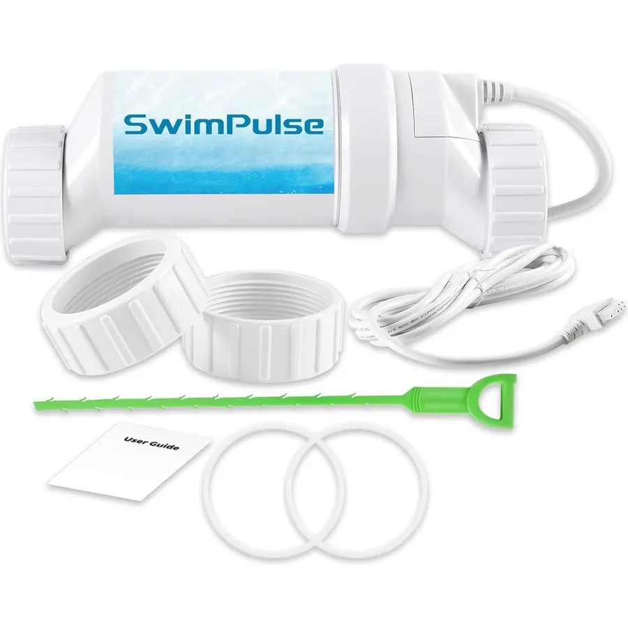 Automatic Saltwater Chlorinator for Above-Ground Pools – High-Efficiency Pool Salt Water Chlorination System up to 15,000 Gallons with Self-Cleaning Cell, Adapter and Test Strip