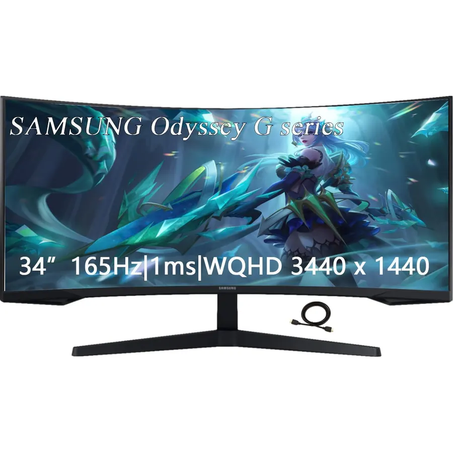 Samsung 34" Odyssey G Series WQHD Gaming Monitor, FreeSync Premium, 1000R UltraWide Curved, 165Hz, 1ms, Black, with GSF HDMI Cable