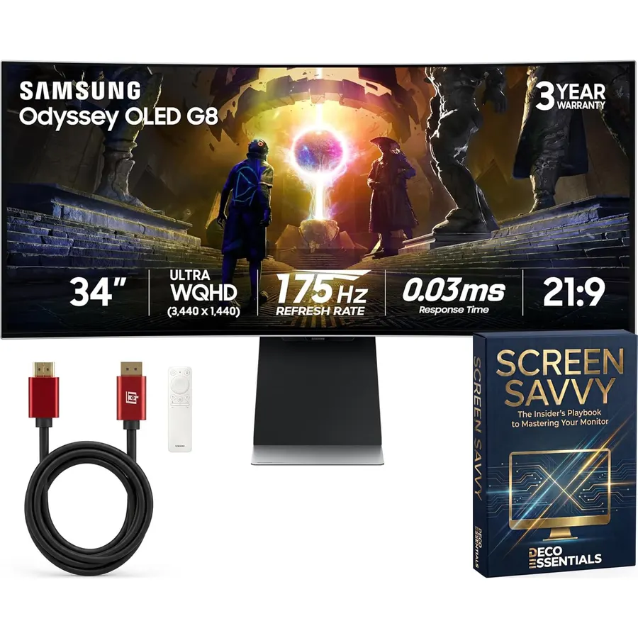 Samsung 34" Odyssey OLED G8 G85SD Curved Gaming Monitor UWQHD 3440x1440, 175Hz, 0.03ms, G-Sync Compatible, OLED Glare Free Bundle with Deco Gear HDMI Cable & Screen Savvy Guidebook