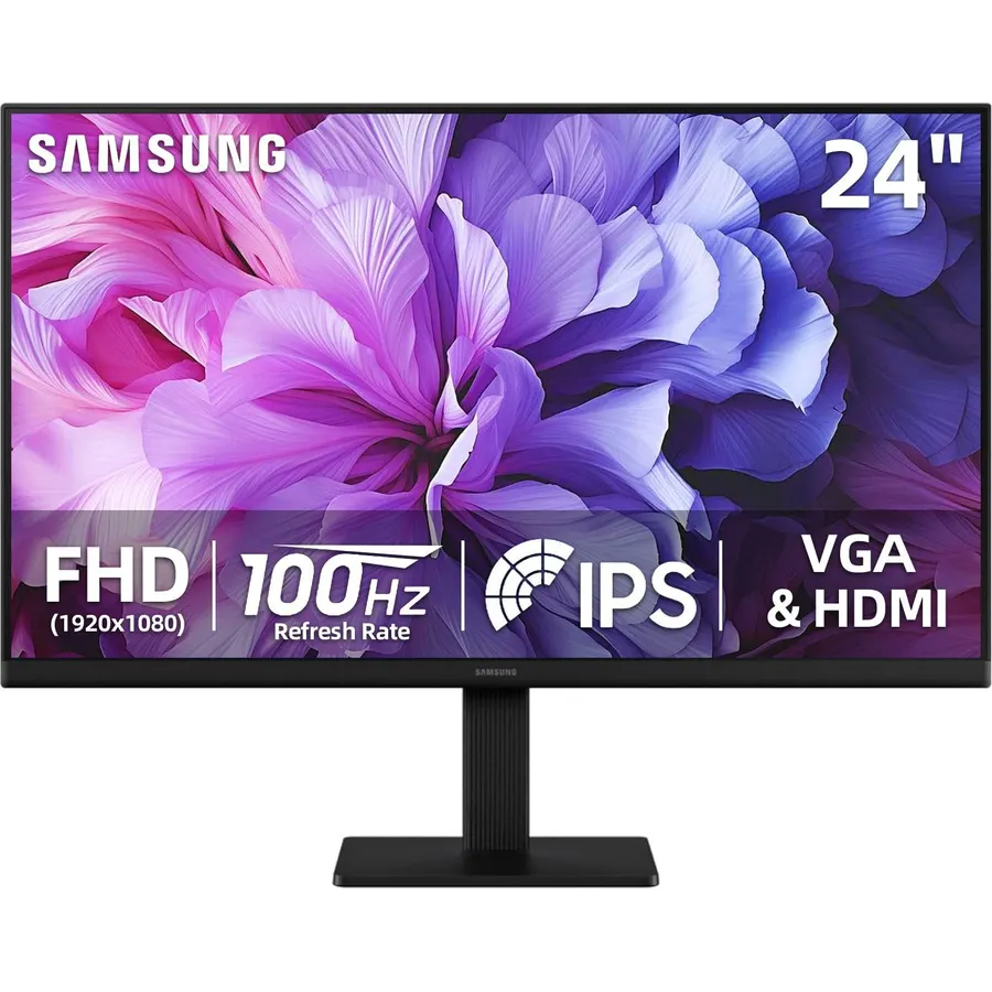 Samsung S24 inch IPS FHD (1920x1080) Monitor, 100Hz Refresh Rate, 5ms, AMD FreeSync, Ergonomic Design, Eye Care, Flicker-Free, Game Mode, HDMI & VGA, Tilt Adjustment, Black