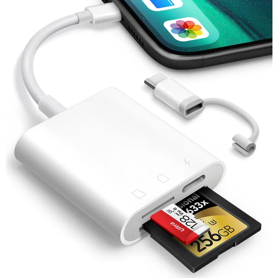 SD Card Reader for iPhone iPad, Oyuiasle Digital Trail Camera SD Card Viewer with Dual Slot for MicroSD/SD, Lightening&USBC Dual-Connector Memory Card Adapter for Photography, Plug and Play