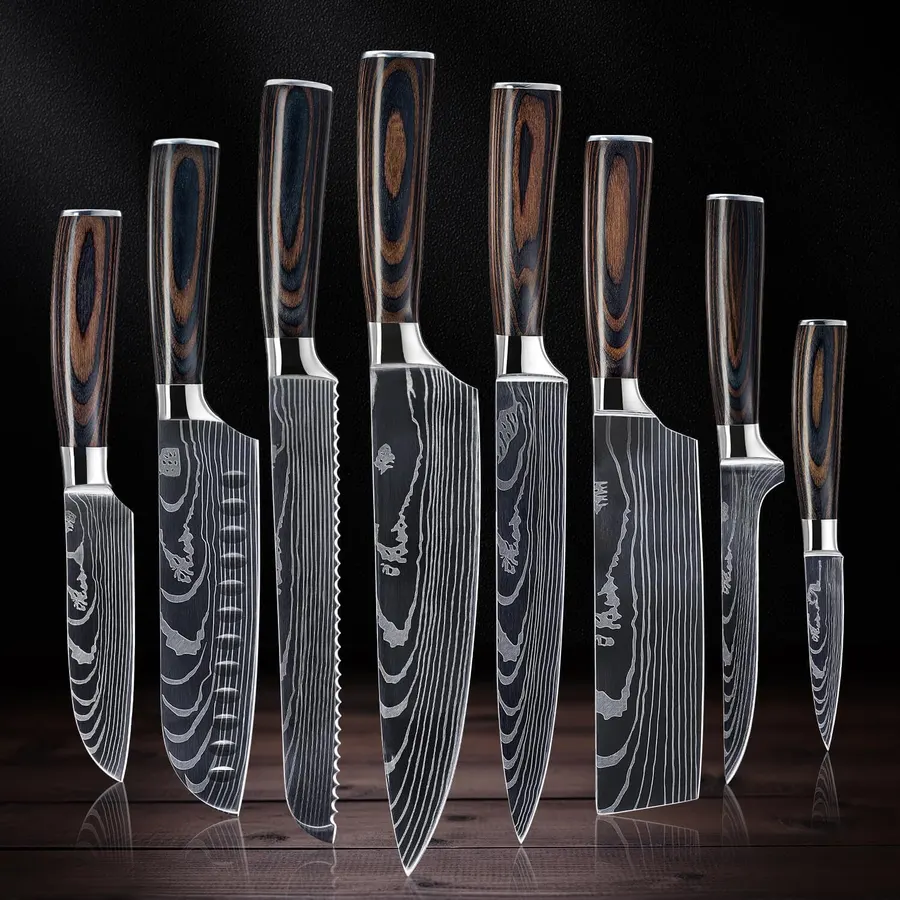 6-Piece Premium Japanese Kitchen Knife Set - Star Collection, Laser Damascus Pattern, 440A Stainless Steel Ultra Sharp for Fast Cutting (Black 6SK)