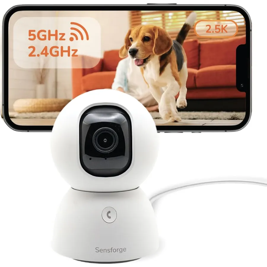 SensForge 2.5K Indoor Pan-Tilt Security Camera, 360° Dual-Band 2.4/5GHz Wi-Fi Camera for Home, Smart AI Human & Pet Detection, 64GB SD Card Included, Two-Way Talk, No Subscription Required (1, White)