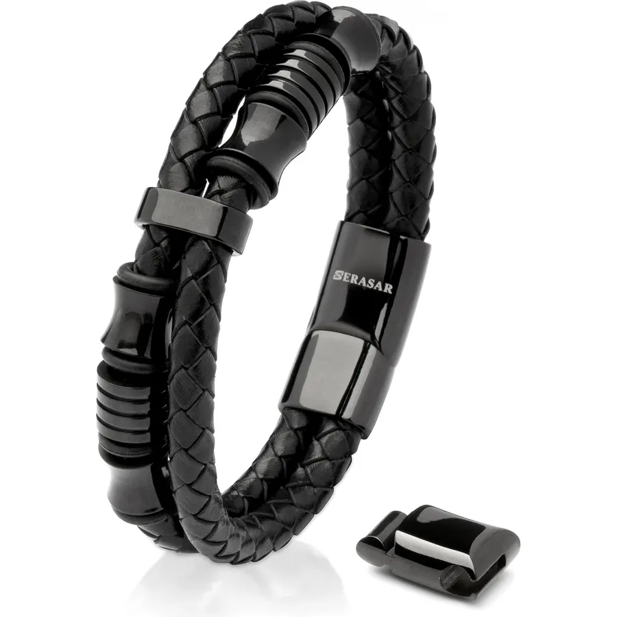 SERASAR Men's Genuine Leather Bracelet, Black, Magnetic Clasp