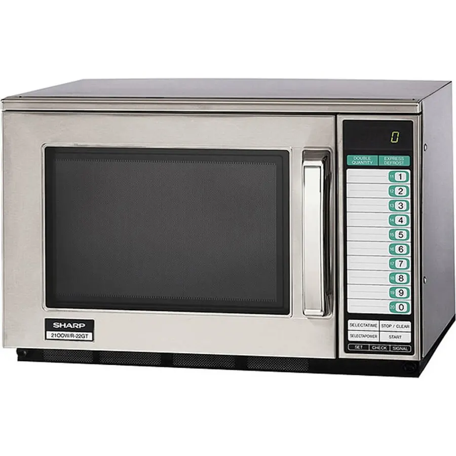 Sharp R-22GT Commercial Microwave Oven, Heavy Duty, 1200 Watt, 0.70 cu. ft. Capacity, Stainless Steel, 20 Program Inputs, 11 Power Levels, Express Defrost, 3-Stage Cooking, Digital Display