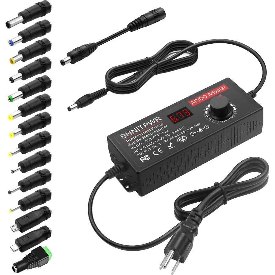 SHNITPWR 3.5V - 12V Power Supply 10A 120W AC to DC Adapter DC 4V 4.5V 5V 6V 7V 8V 9V 10V 12V Voltage Adjustable Universal Power Converter Transformer 100-240V AC in with 14 Tips & Polarity Converter