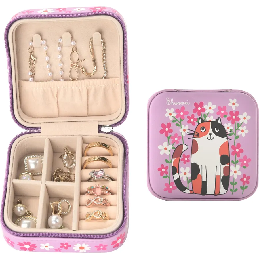 shunmei Mini Travel Jewelry Box, Personalised Pattern, Pink Cat