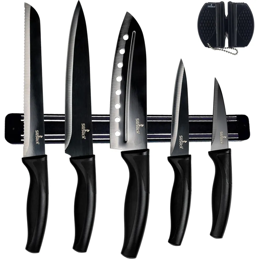 SiliSlick Kitchen Knife Set, 5 Blades, All Black | Black Rack