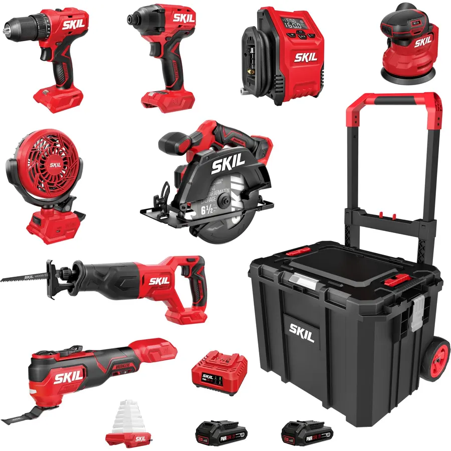 SKIL PWR CORE 20V Brushless 9-Tool Power Tool Combo Kit Including 2 * 2.0Ah Batteries, Charger, and Rolling Tool Box -CB8009B-20