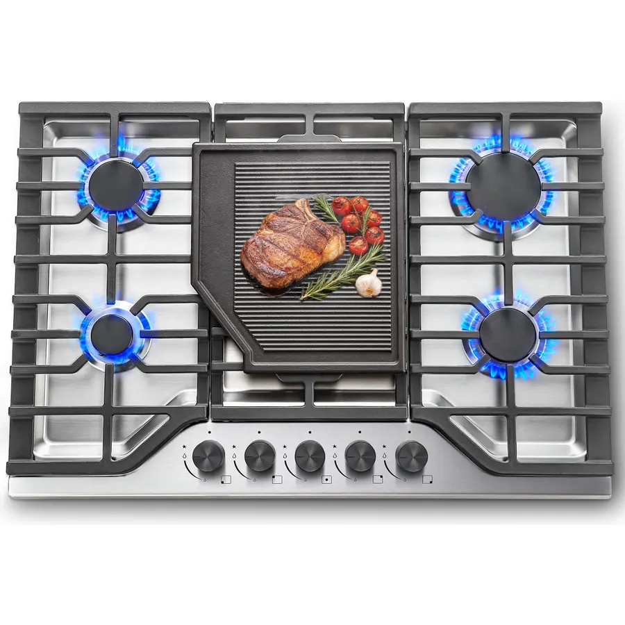 SNDOAS 30 Inch Gas Cooktop, 5 SABAF Burners 47400 BTU Built-in Gas Stove Top with 22000 BTU Triple Ring Wok Burner, Cast Iron Griddle, Stainless Steel Top, NG/LPG Convertible, Knob Control