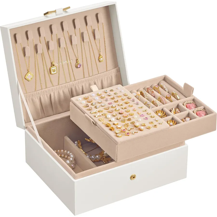 SONGMICS 2-Layer Jewelry Box with Handle, Removable Tray, Floating Effect