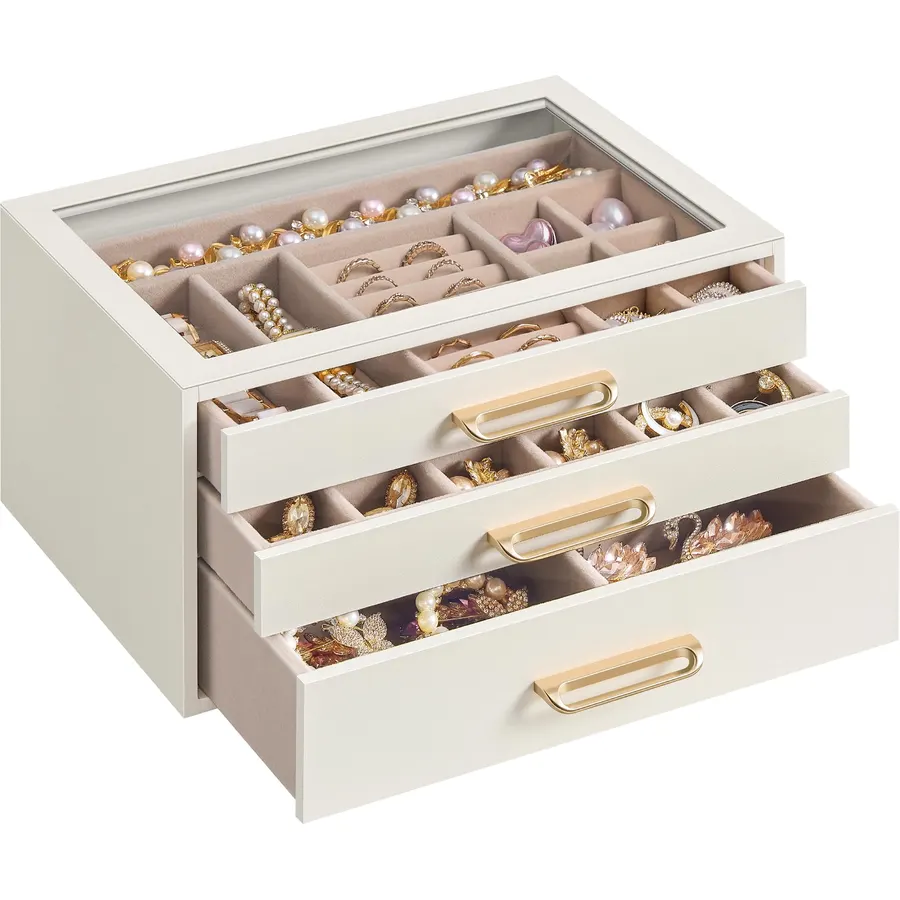 SONGMICS 3-Layer Jewelry Box with Glass Window, 3 Drawers, Golden Handles