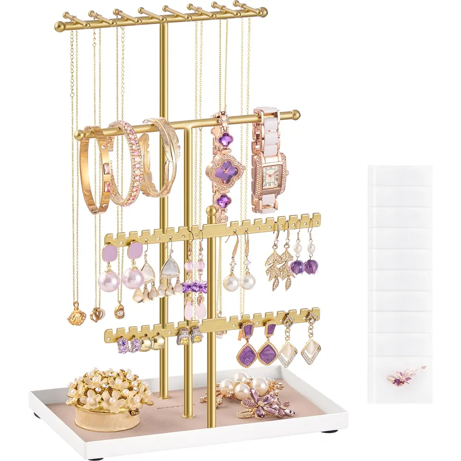 SONGMICS Jewelry Organizer Stand, 3-Tier Necklace Holder, 10 Storage Bags