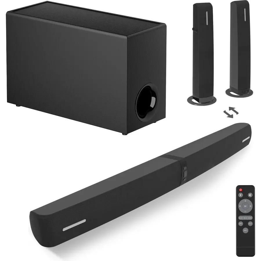 Sound Bar with Subwoofer, 110W Sound Bar for Smart TV with Adjustable Deep Bass & Volume Boost & 3 Equalizer Modes, Bluetooth/ARC/Opt/AUX, Detachable Soundbar for TV/PC/Gaming/Projectors