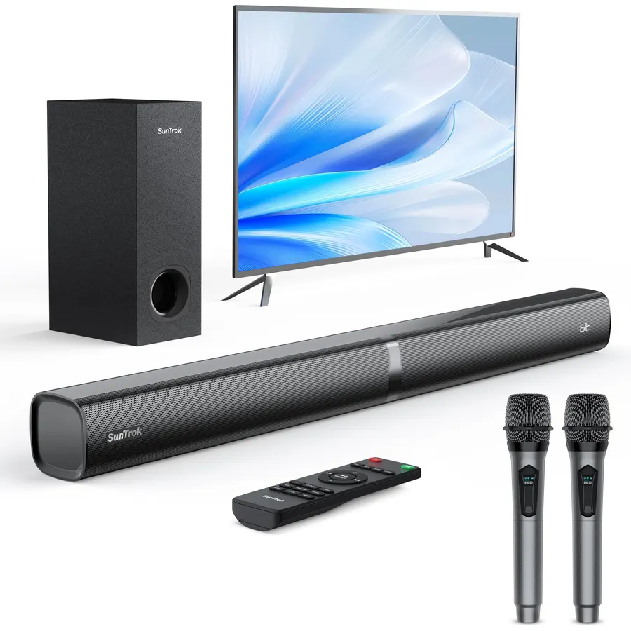 Soundbar with Subwoofer for TV, Home Theater Bluetooth 5.3 Speaker System with 2 Wireless Karaoke Mics, Surround Sound Audio with HDMI ARC, Optical, AUX, USB for Movie, Music, Family Party(Peak 260W)
