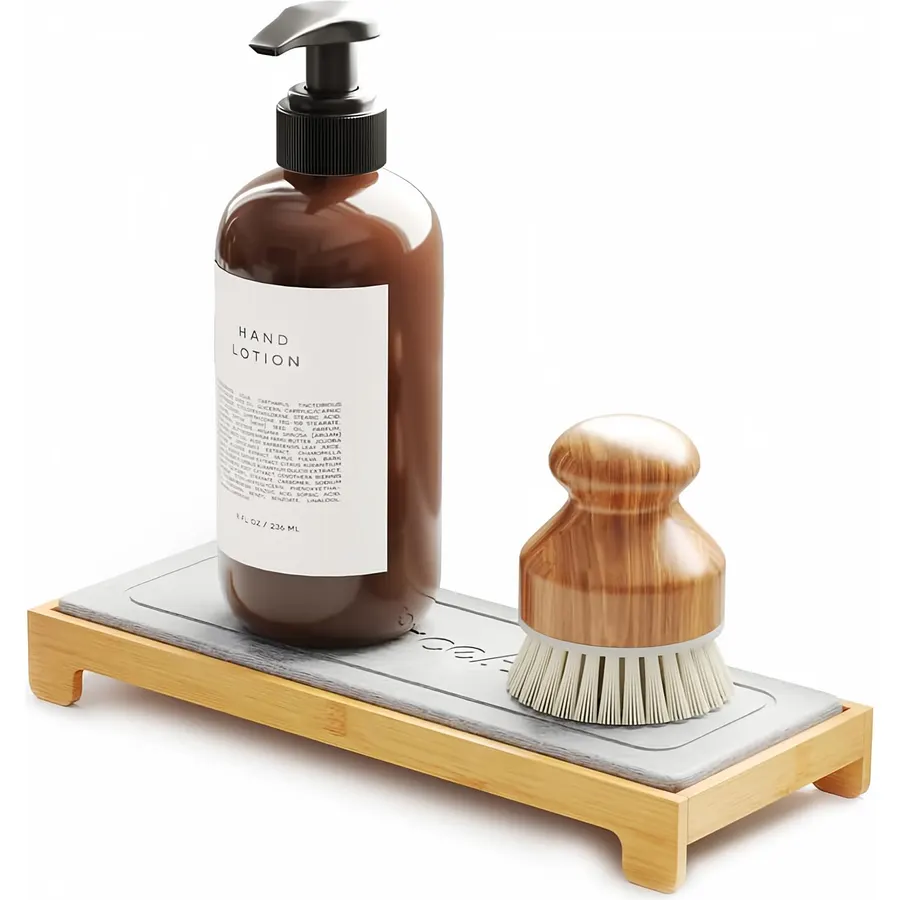 SpaceAid DryingNeat Instant Dry Sink Caddy Organizers, Kitchen Sponge Soap Holder Dispenser, Countertop Fast Drying Counter Tray Rack (Bamboo, Gray)