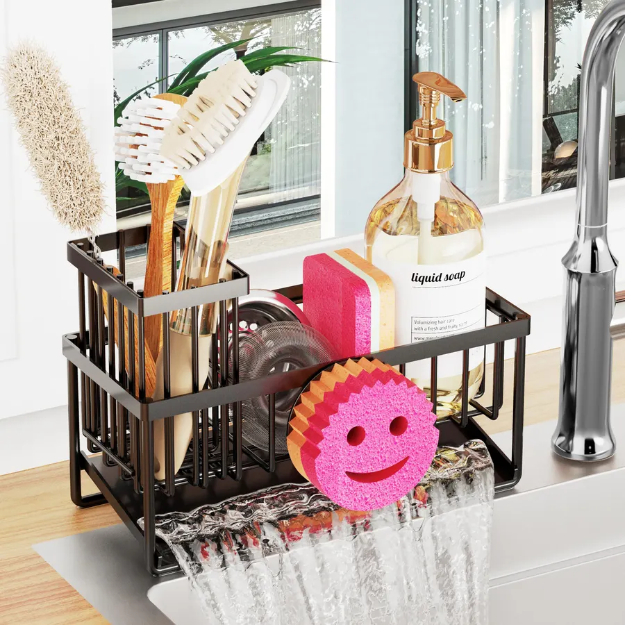 Cisily Sponge Holder for Kitchen Sink, Smiley Face Sink Caddy with Removable Brush Holder,Self-Draining Sponge Caddy for Sponge,Soap,Dish Brush,Scrubber,Kitchen Essentials and Gadgets