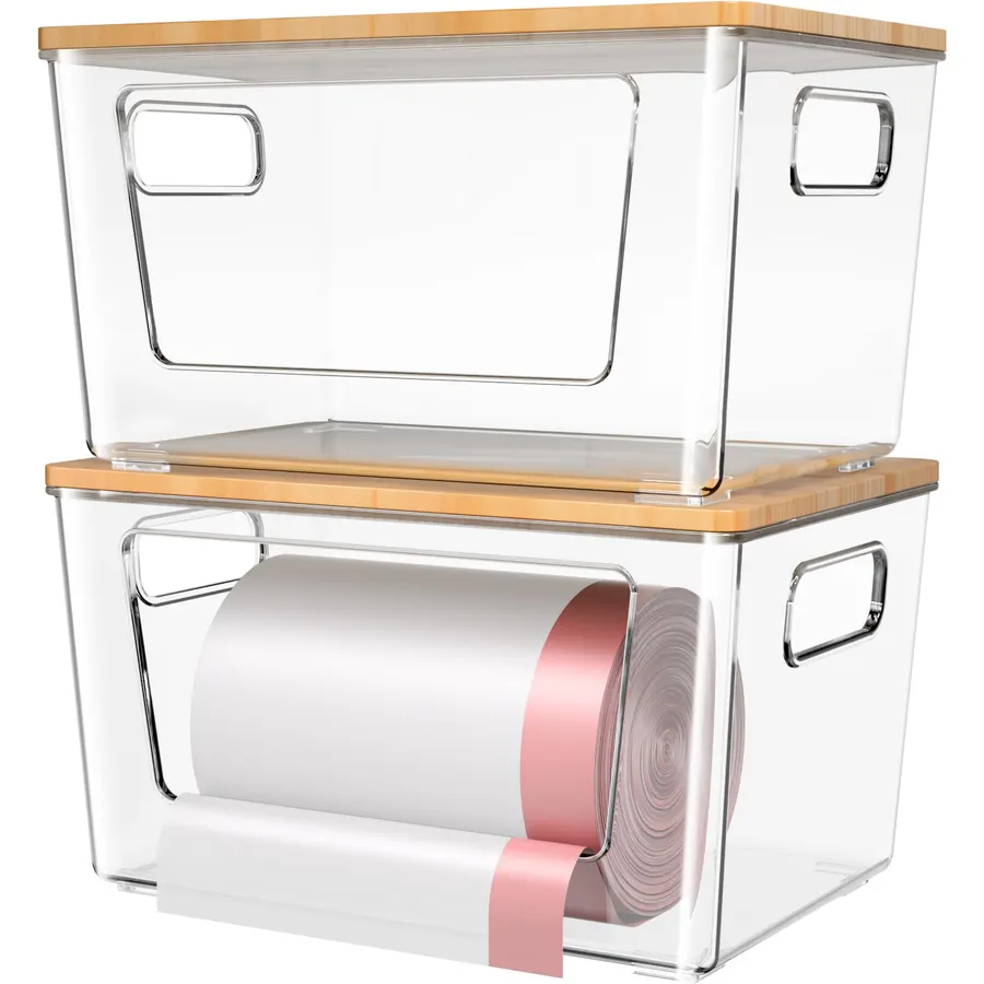 spospo 2 Pack Trash Bag Holder with Bamboo Lid Stackable Trashbag Dispenser