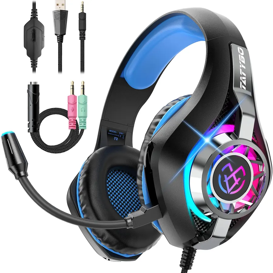Tatybo Gaming Headset for PS5 PC, Noise Canceling Mic, RGB, Black Blue