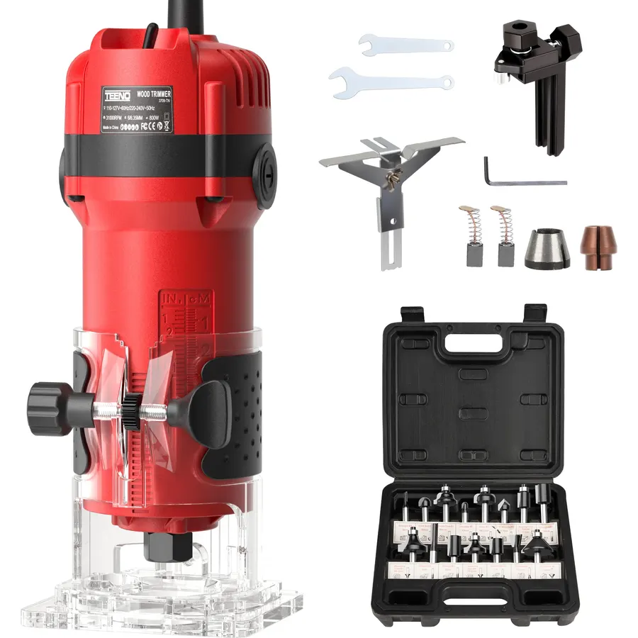 TEENO Wood Router, 6.5Amp 1.25HP Wood Routers for Woodworking, 800W Hand Wood Router Tool, 31000R/MIN Compact Edge Trimmer with 15 1/4" Router Bit Set