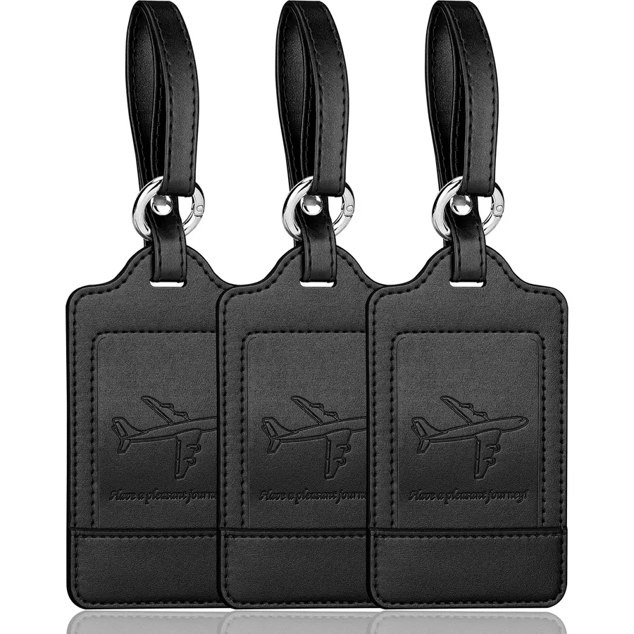 Teskyer Leather Luggage Tags for Suitcases, 3 Pack, Black