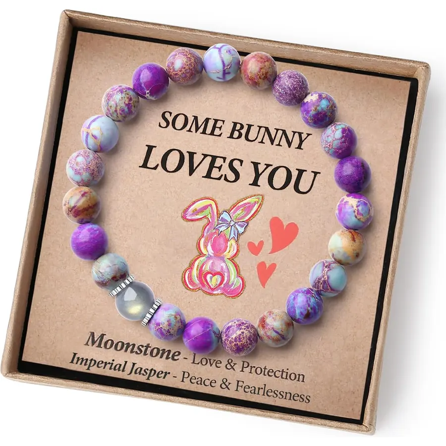 THEMEROL Easter Basket Stuffers - Handmade Crystal Bracelet with Cute Bunny Card/Gift Box-Elastic Design for Girls/Boys/Adults