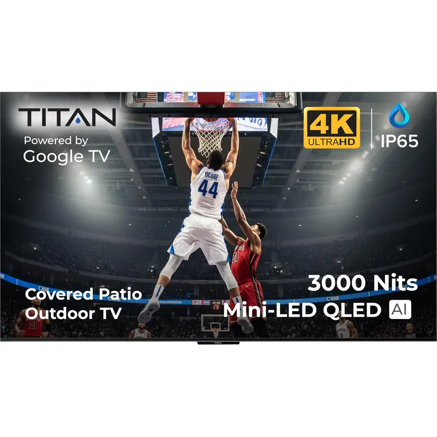 Titan G100 Mini 115 Inch Covered Patio Outdoor TV – 4K UHD QLED IP65 - Google OS, Dolby Vision & Atmos, Onkyo Speakers - Thin Bezel - Weather Resistant - 2-Year Warranty & USA Assembled